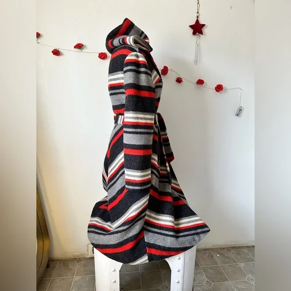 RARE Vintage 70’s Retro Boho Chevron Stripe Red Grey Black Wool Long Coat M L - Picture 4 of 10
